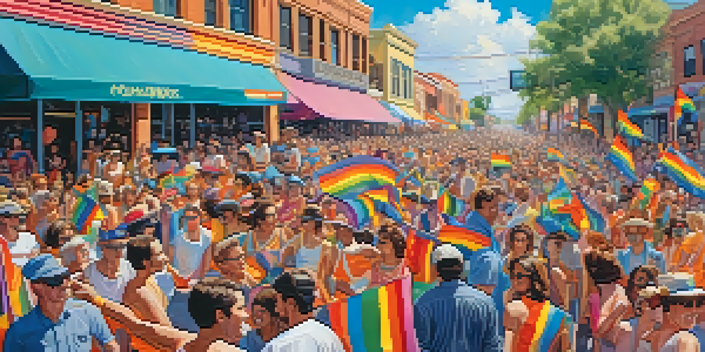 A colorful Tucson Pride parade from the late 1970s with participants in bright costumes and rainbow flags amidst historic buildings.