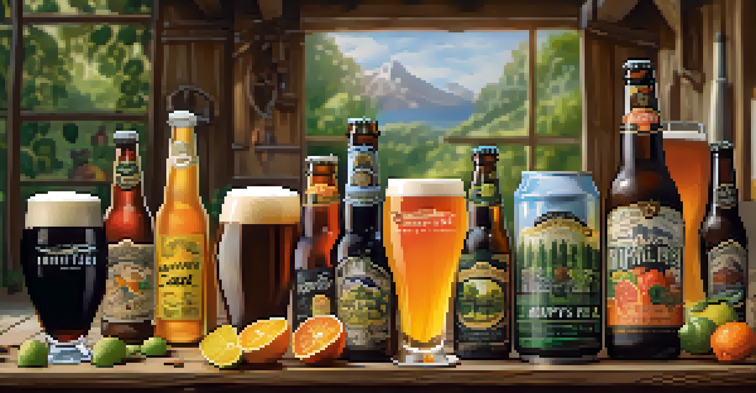 A close-up of different craft beers on a wooden table with fresh ingredients like fruits and spices.