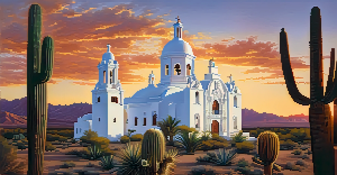A Baroque mission church with a white façade and intricate details, surrounded by desert plants during sunset.