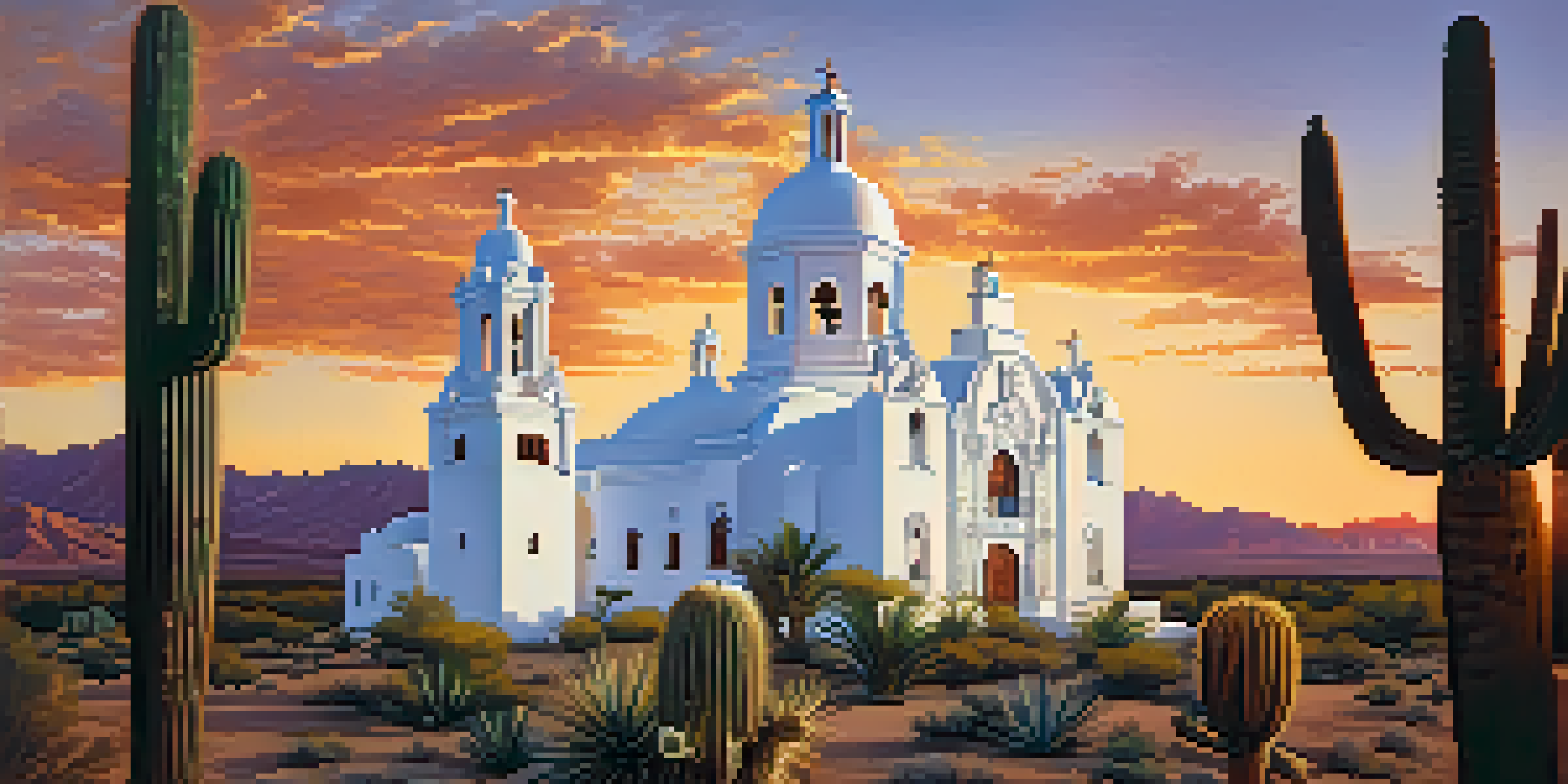 A Baroque mission church with a white façade and intricate details, surrounded by desert plants during sunset.
