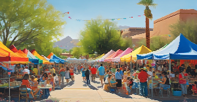 A colorful festival scene in Tucson with families enjoying crafts and food, children face painting, and musicians performing under the sun.