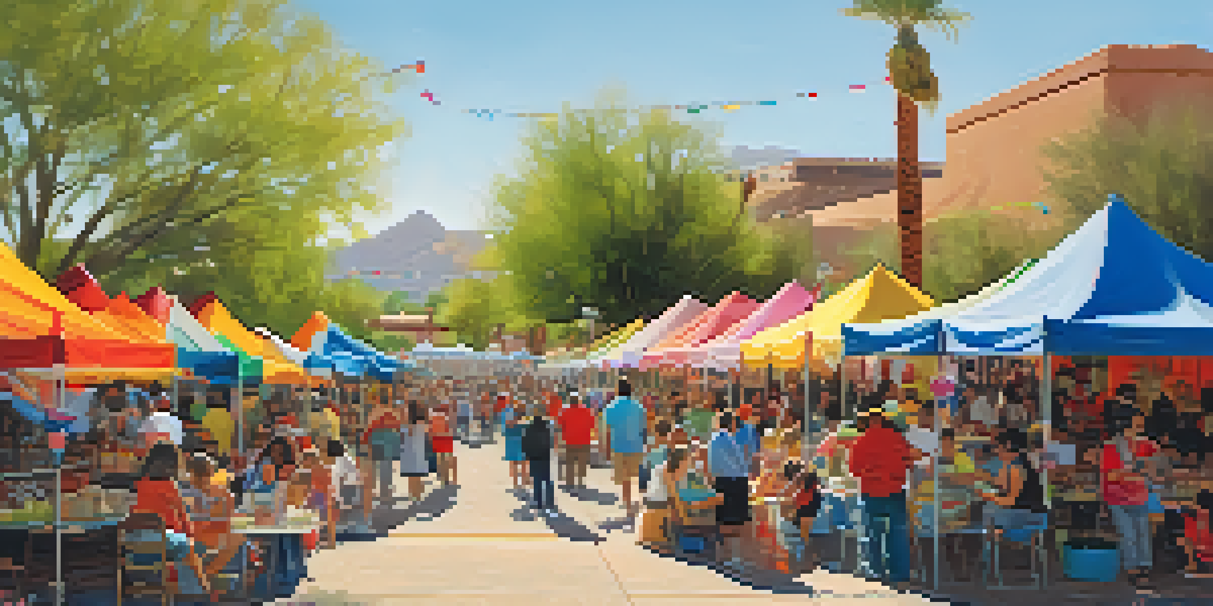 A colorful festival scene in Tucson with families enjoying crafts and food, children face painting, and musicians performing under the sun.