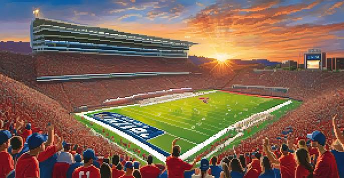 A crowded football stadium filled with enthusiastic fans wearing team colors, cheering for the University of Arizona during a game at sunset.