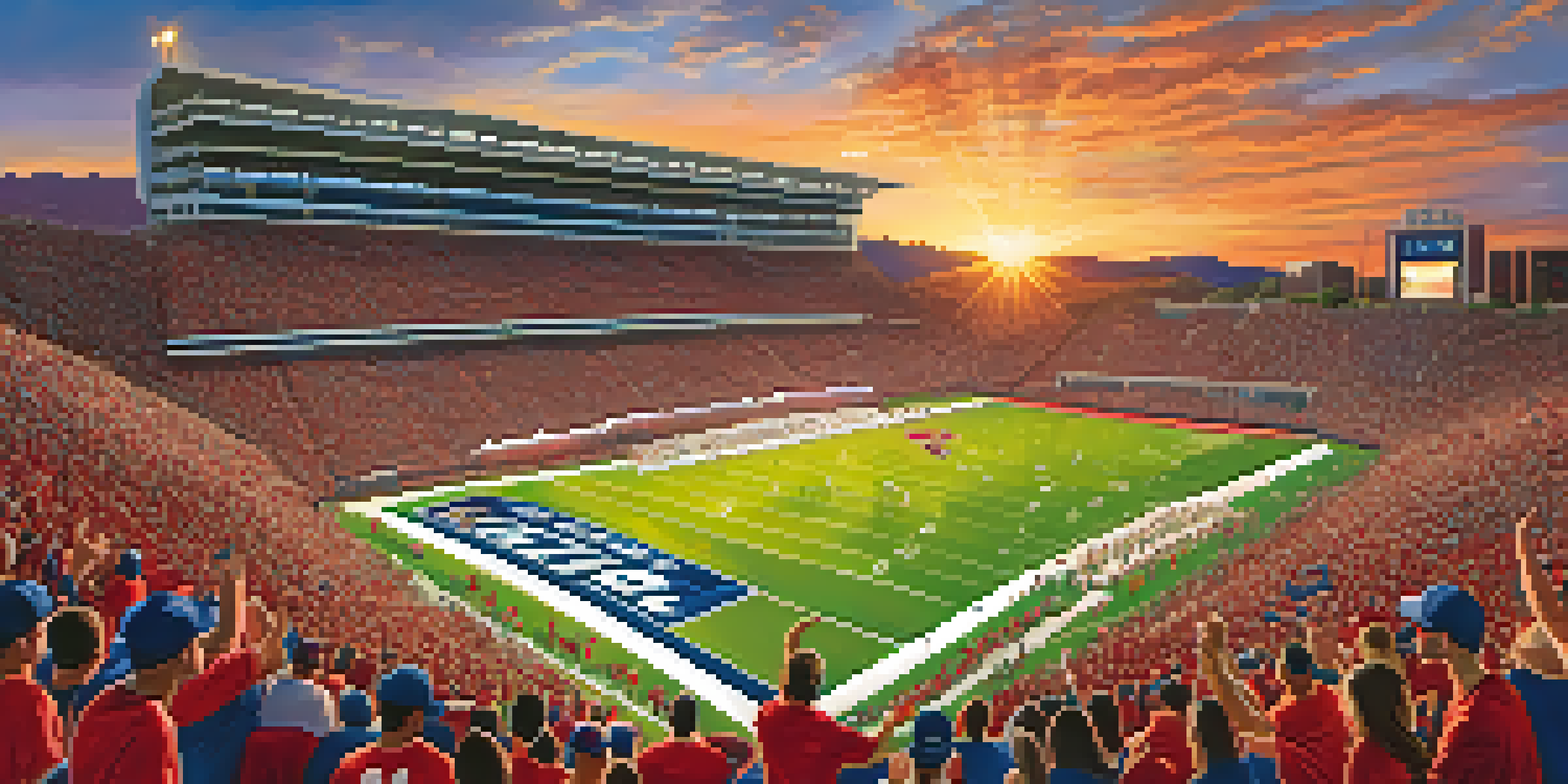A crowded football stadium filled with enthusiastic fans wearing team colors, cheering for the University of Arizona during a game at sunset.