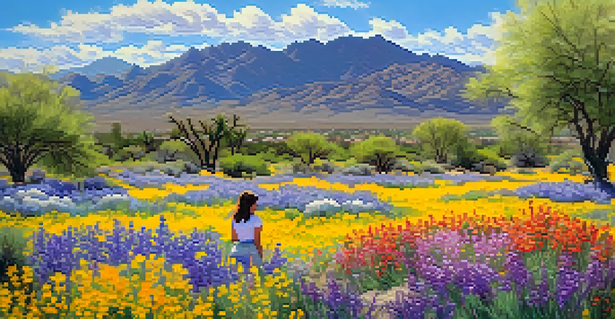 A group of students enjoying a nature walk among blooming wildflowers in Tucson with mountains in the background.