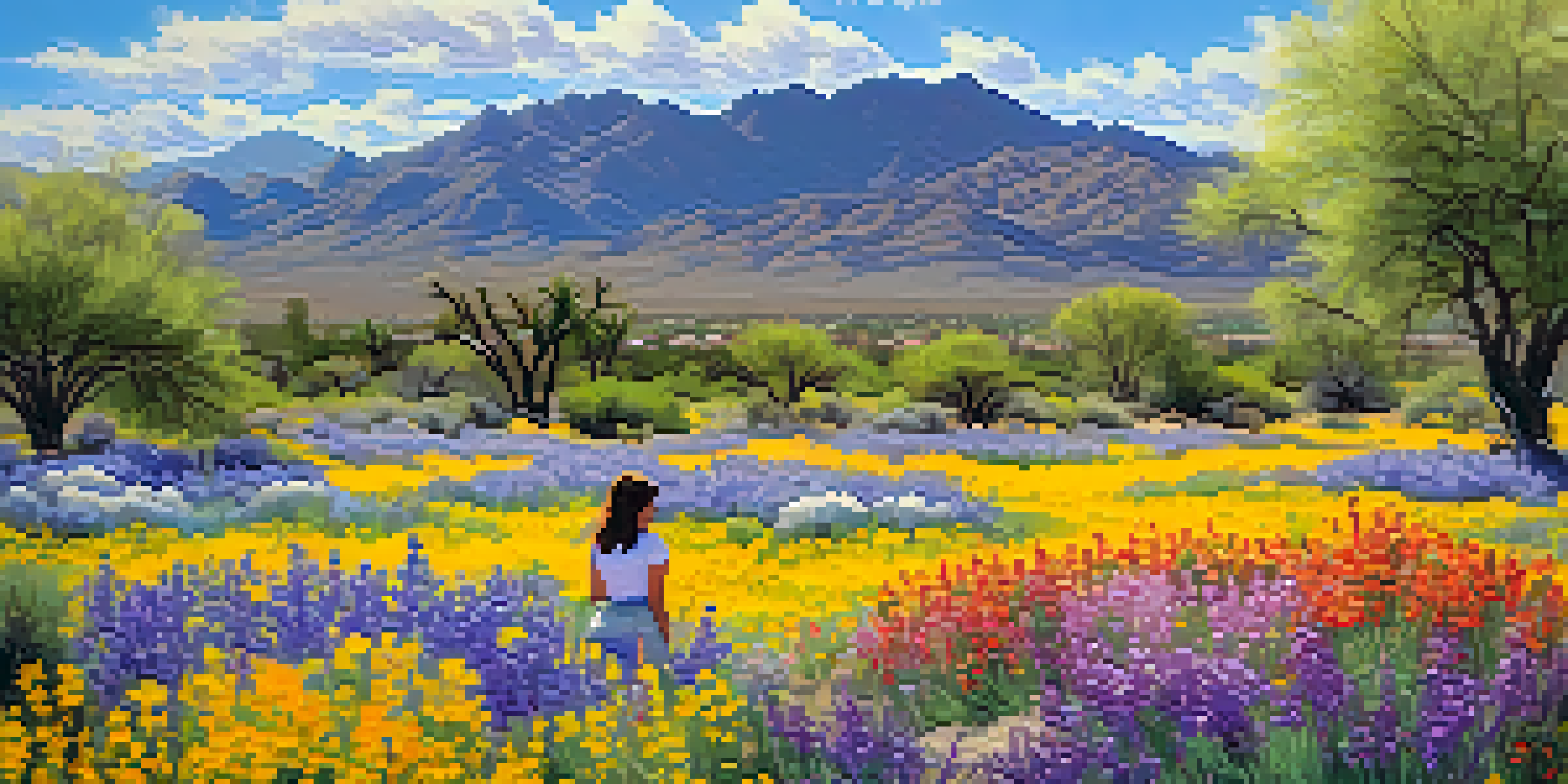 A group of students enjoying a nature walk among blooming wildflowers in Tucson with mountains in the background.