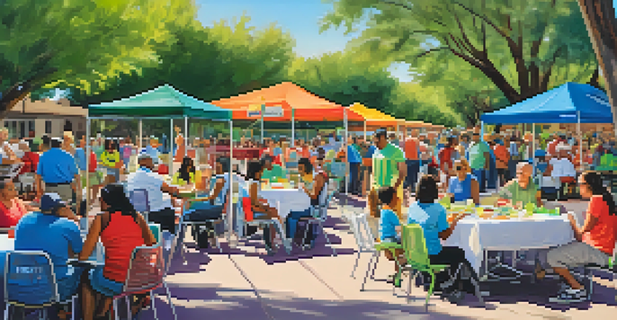 A community gathering in Tucson with residents of different ages participating in a neighborhood safety event, surrounded by trees and colorful banners.