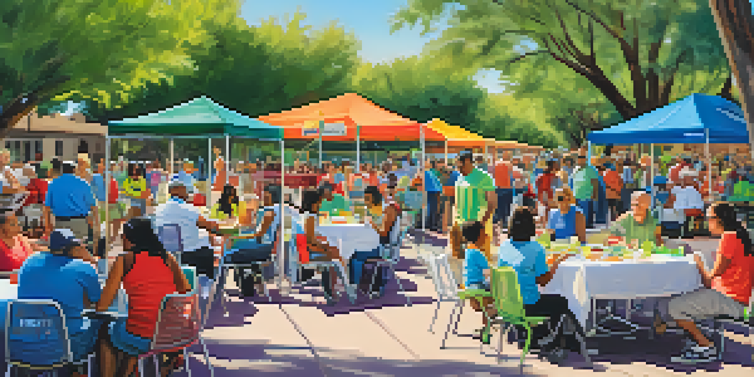 A community gathering in Tucson with residents of different ages participating in a neighborhood safety event, surrounded by trees and colorful banners.