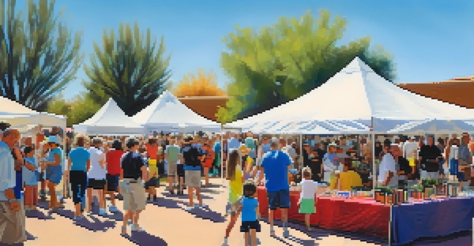 A bustling community art fair in a sunny park, with families participating in art activities and colorful booths displaying local art, surrounded by desert plants.