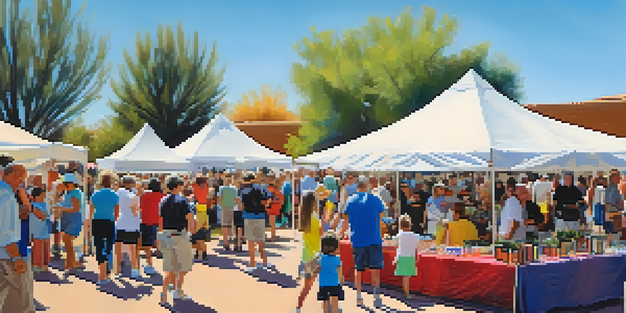 A bustling community art fair in a sunny park, with families participating in art activities and colorful booths displaying local art, surrounded by desert plants.