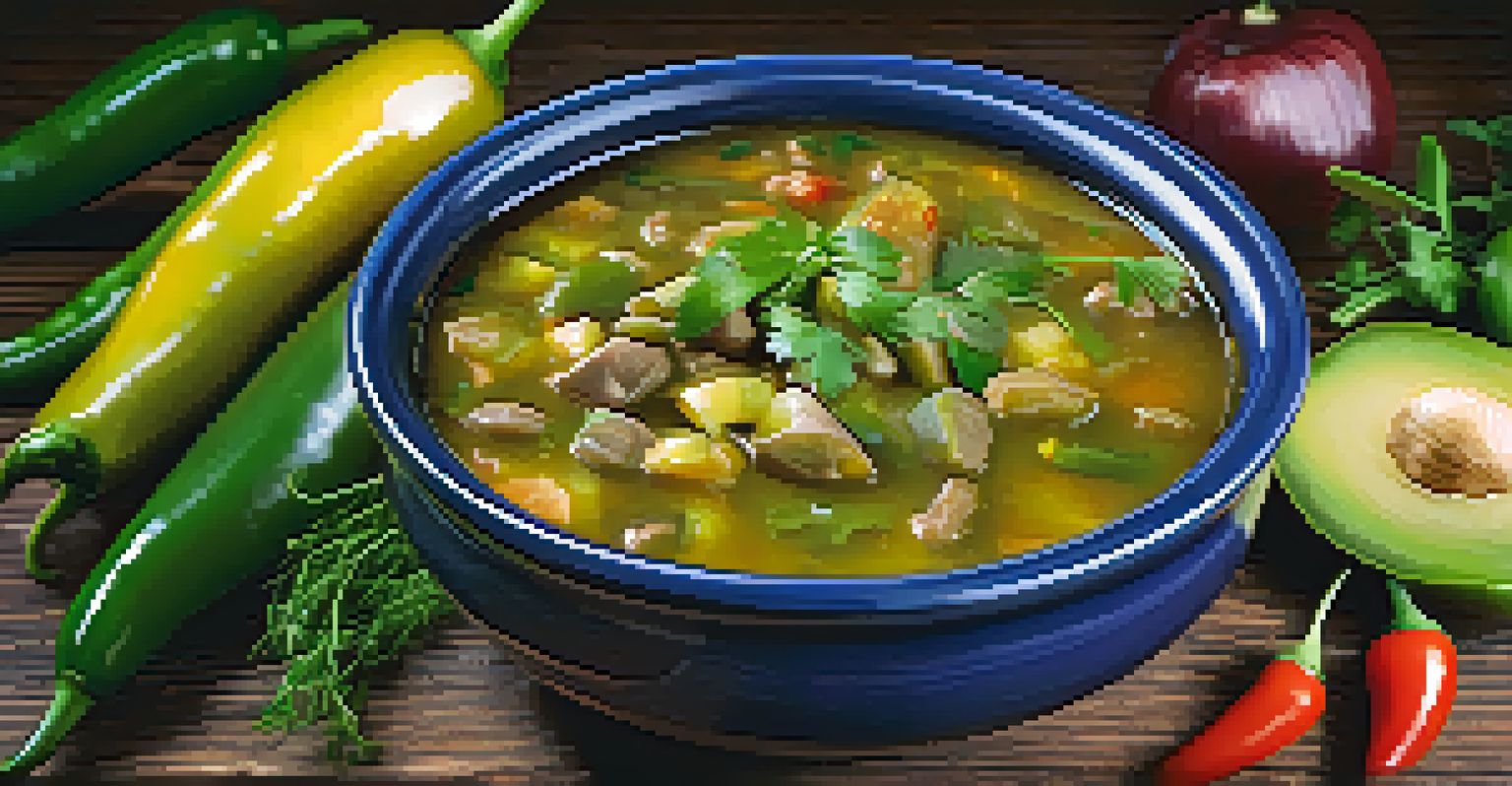 A close-up of a plated green chili stew, showcasing vibrant colors and textures, with fresh herbs and a rustic bowl on a wooden table.
