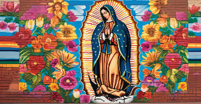 A colorful mural of La Virgen de Guadalupe surrounded by flowers, with people admiring it on a sunny day.