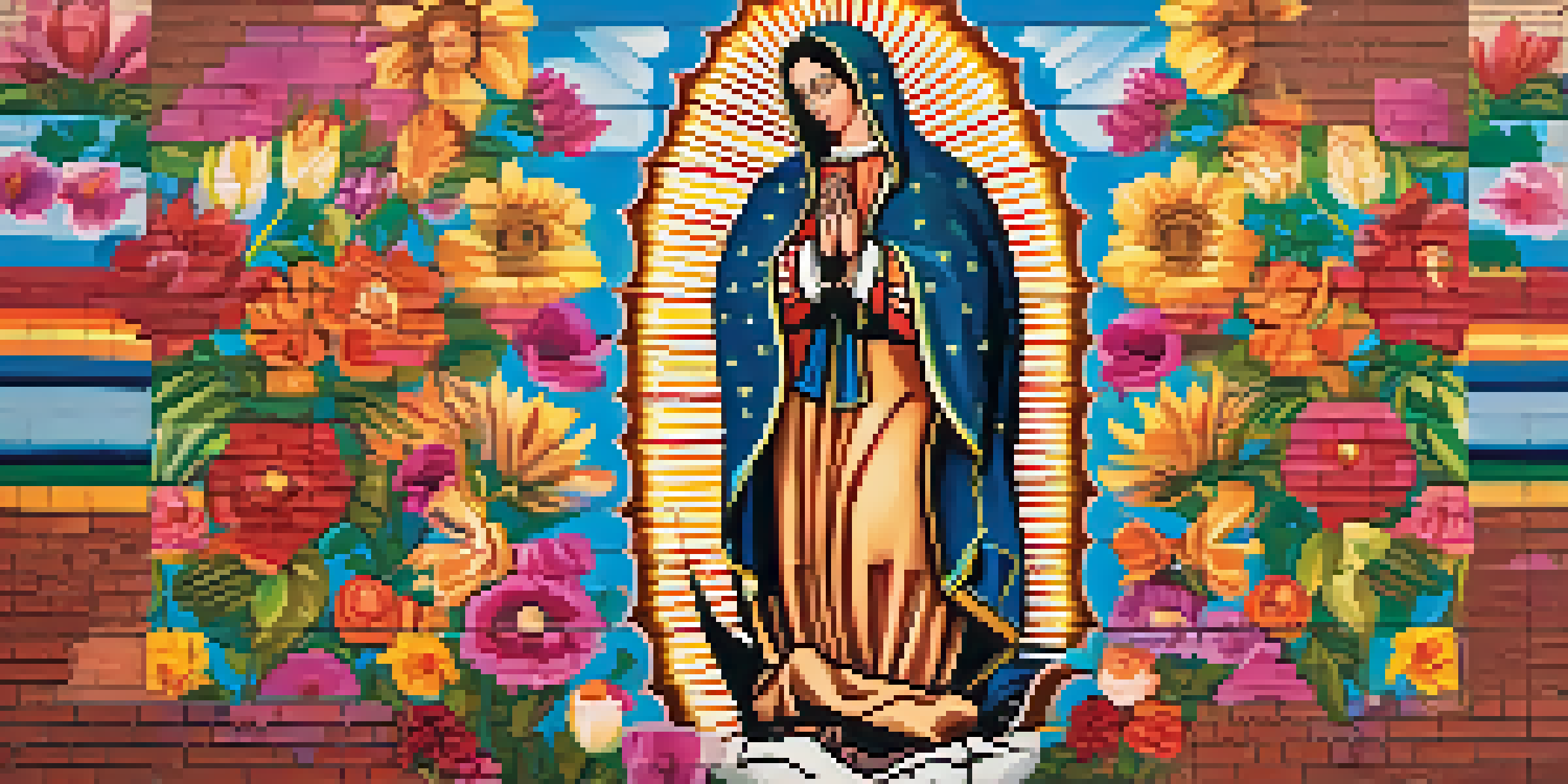 A colorful mural of La Virgen de Guadalupe surrounded by flowers, with people admiring it on a sunny day.