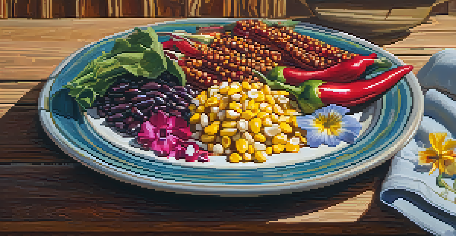 A beautifully plated Southwestern dish with chiles, corn, and beans on a rustic table, with a desert view in the background.