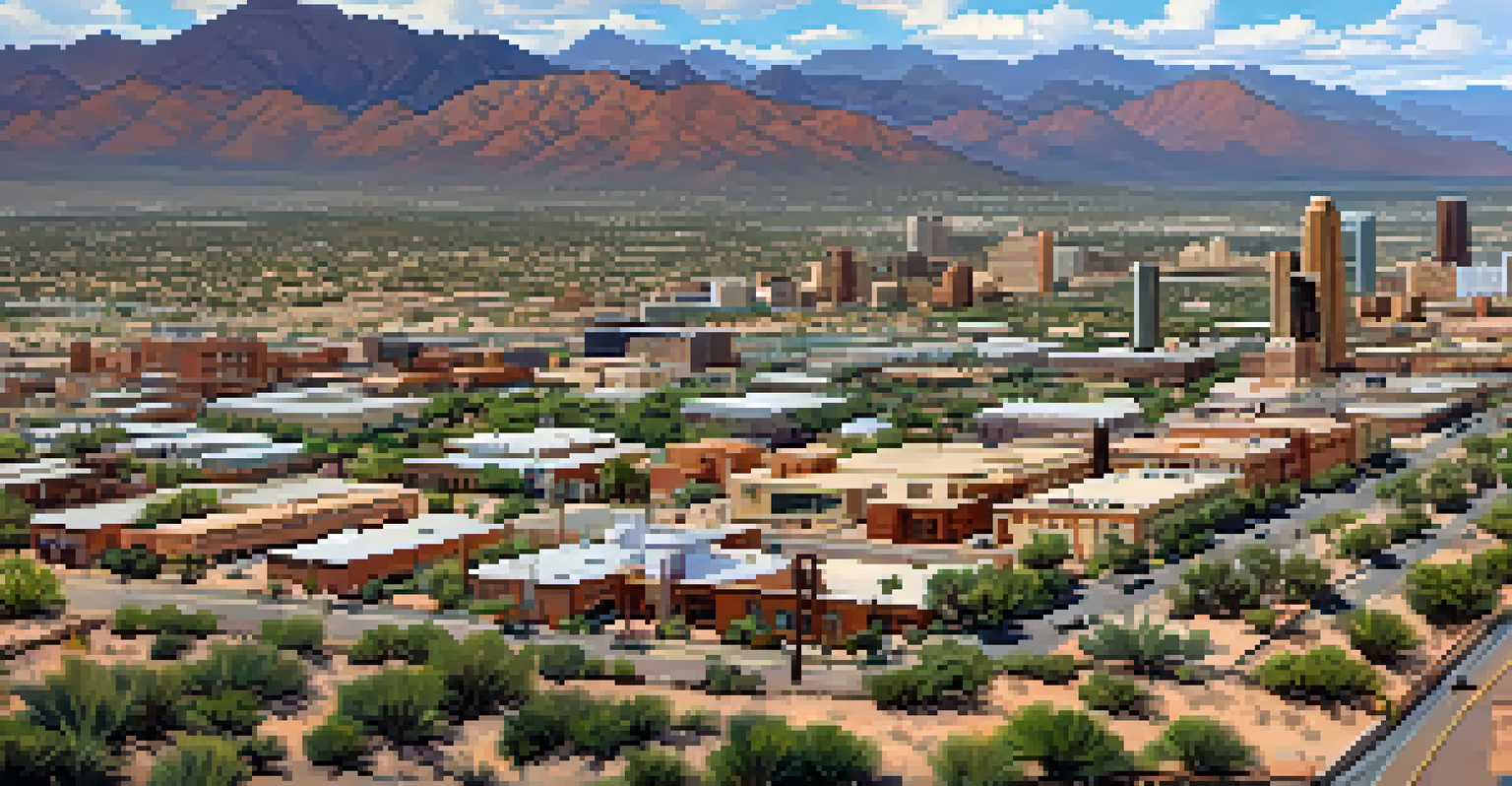 Aerial view of Tucson showing the city against the desert landscape with mountains.