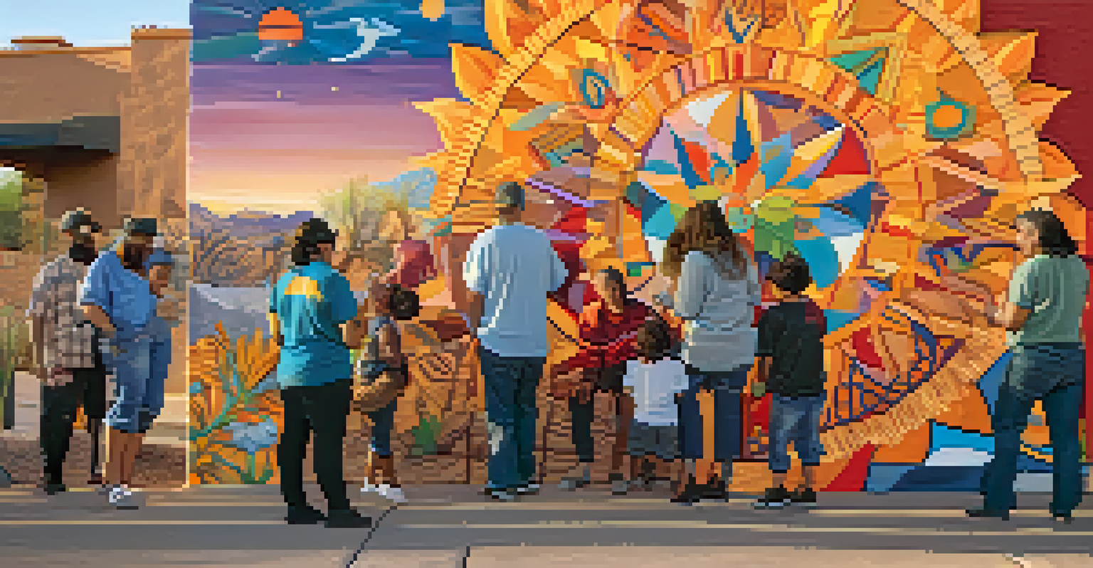 Artists collaborating on a vibrant community mural in Tucson, showcasing cultural diversity with sunset lighting.
