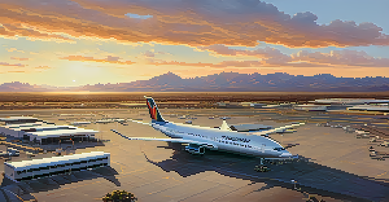 An aerial view of Tucson International Airport at sunset with the terminal and runway illuminated by the golden light.