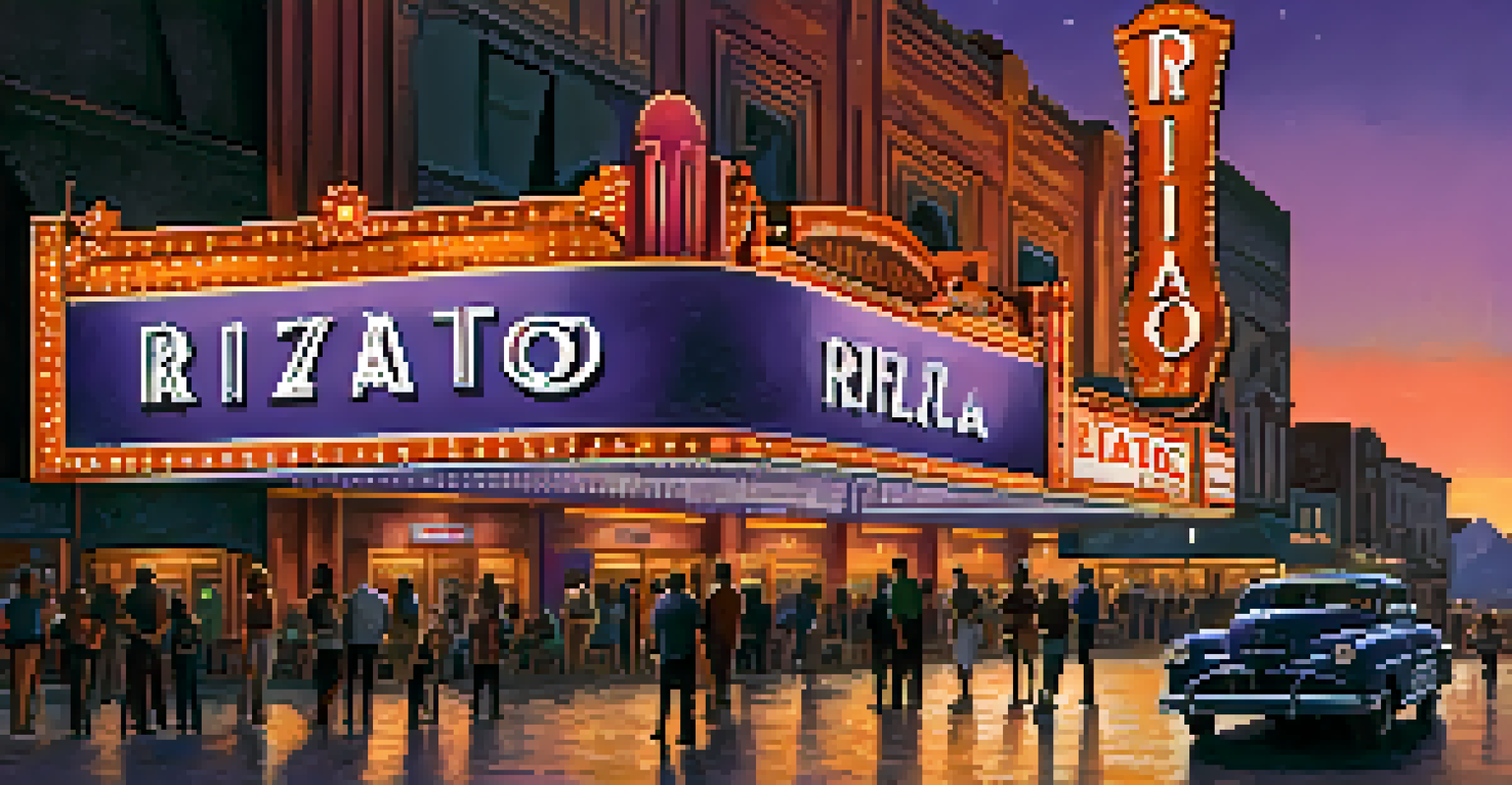 The Rialto Theatre's marquee is illuminated at dusk, surrounded by people and a colorful sunset sky.
