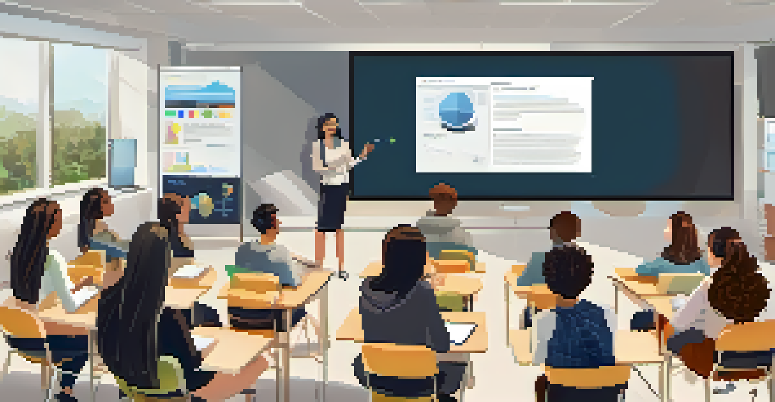 A group of diverse students in a virtual classroom, focused on a large screen showing an online lecture.