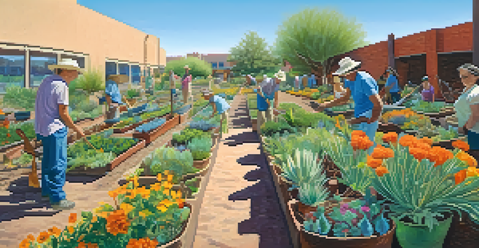 A lively community garden in Tucson with diverse plants and people gardening under a blue sky.