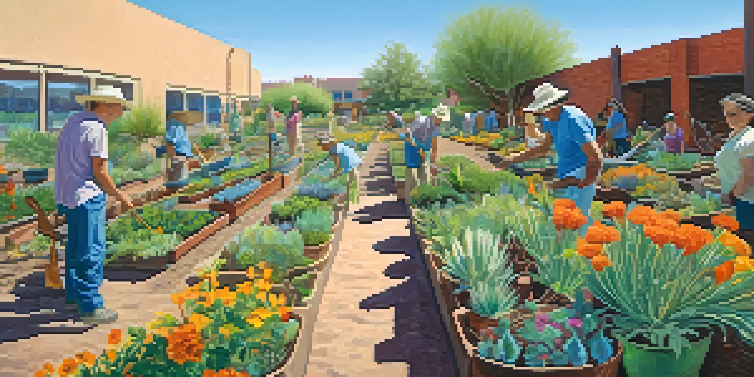 A lively community garden in Tucson with diverse plants and people gardening under a blue sky.