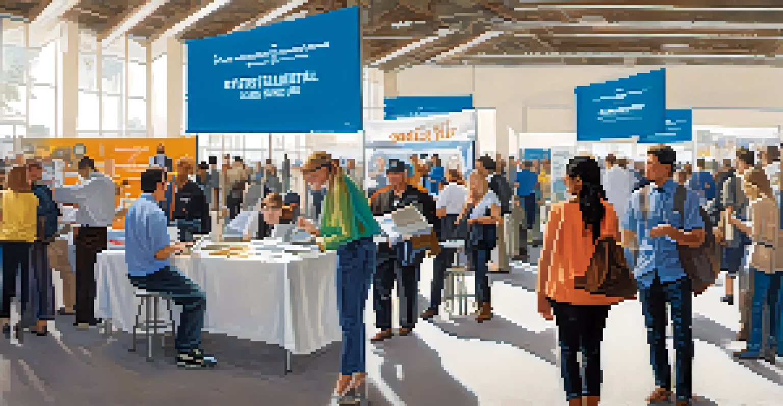 A lively career fair at a community college, featuring students interacting with recruiters and various employer booths.