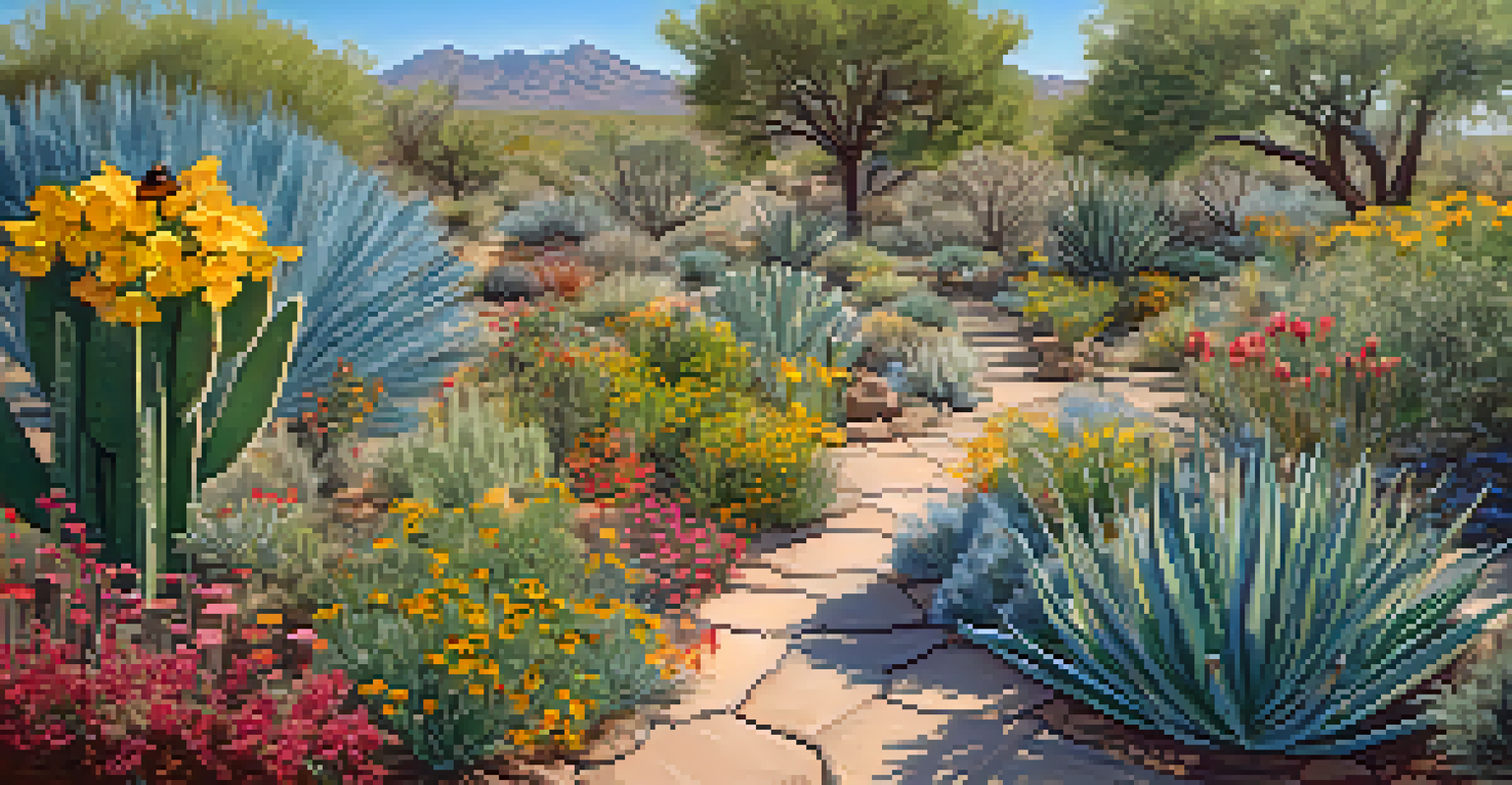 An aerial view of a vibrant pollinator garden in the Sonoran Desert, populated with native plants and various pollinators.