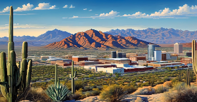 A wide view of Tucson city skyline with mountains and historical mining structures in the foreground.