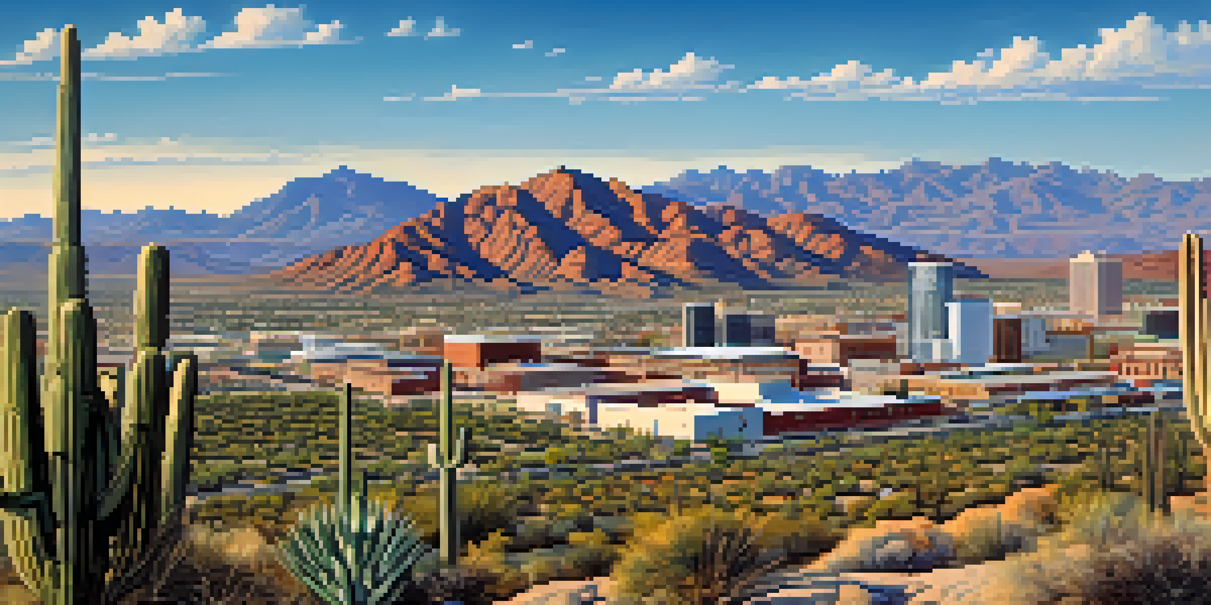 A wide view of Tucson city skyline with mountains and historical mining structures in the foreground.