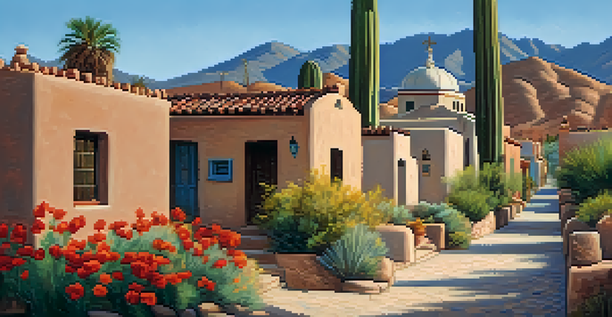 A couple walking through the colorful Barrio Viejo neighborhood in Tucson, featuring adobe houses and blooming desert flowers under a clear blue sky.