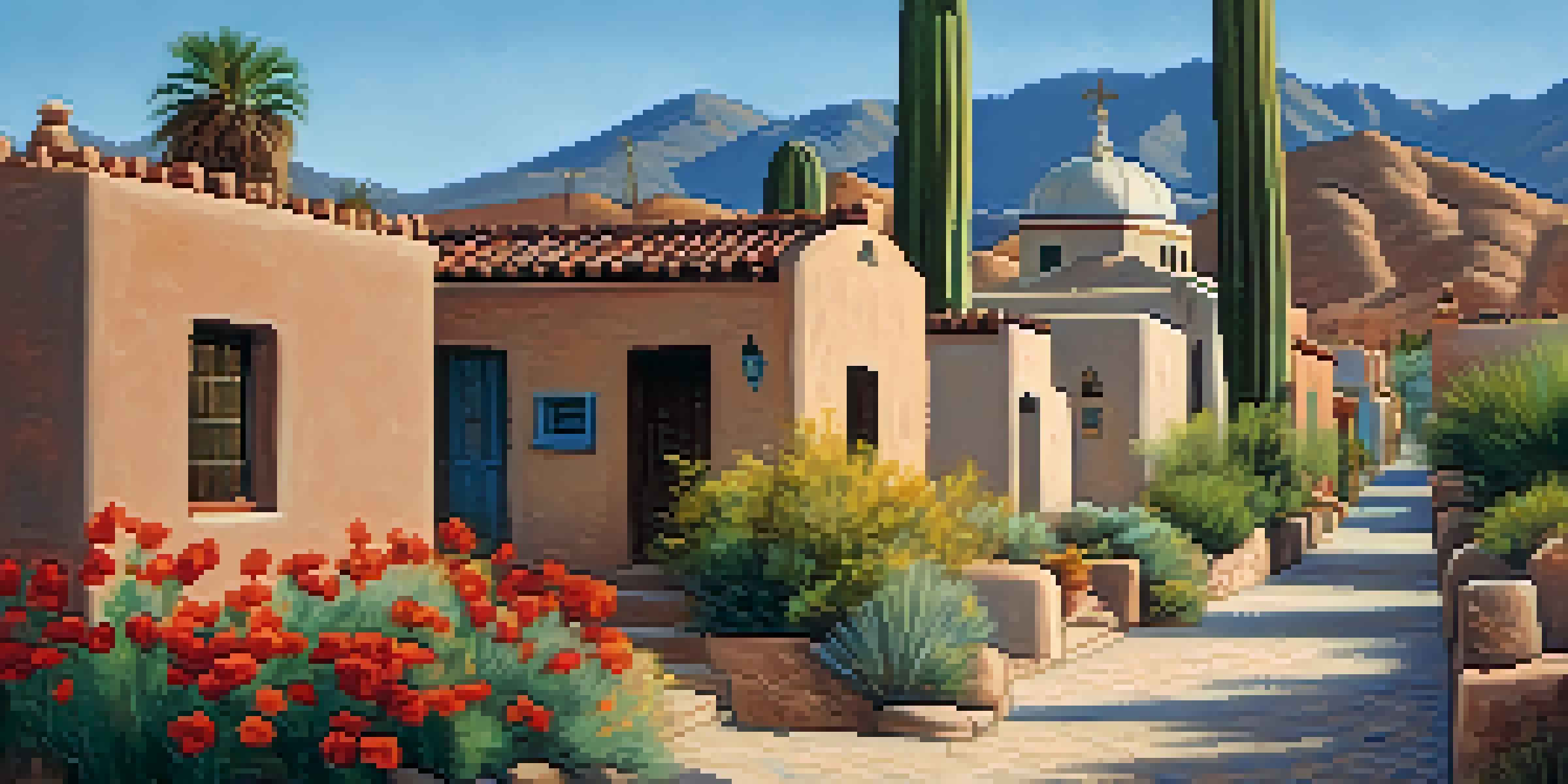 A couple walking through the colorful Barrio Viejo neighborhood in Tucson, featuring adobe houses and blooming desert flowers under a clear blue sky.