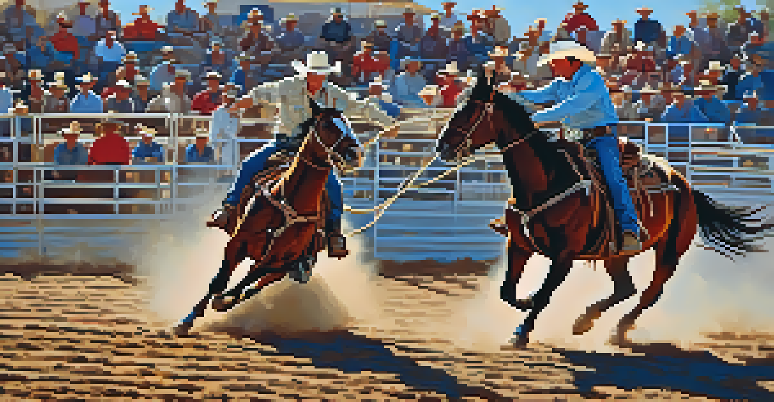Two cowboys in a team roping event, one lassoing a steer while the other gets ready to secure it, with an excited crowd in the background.