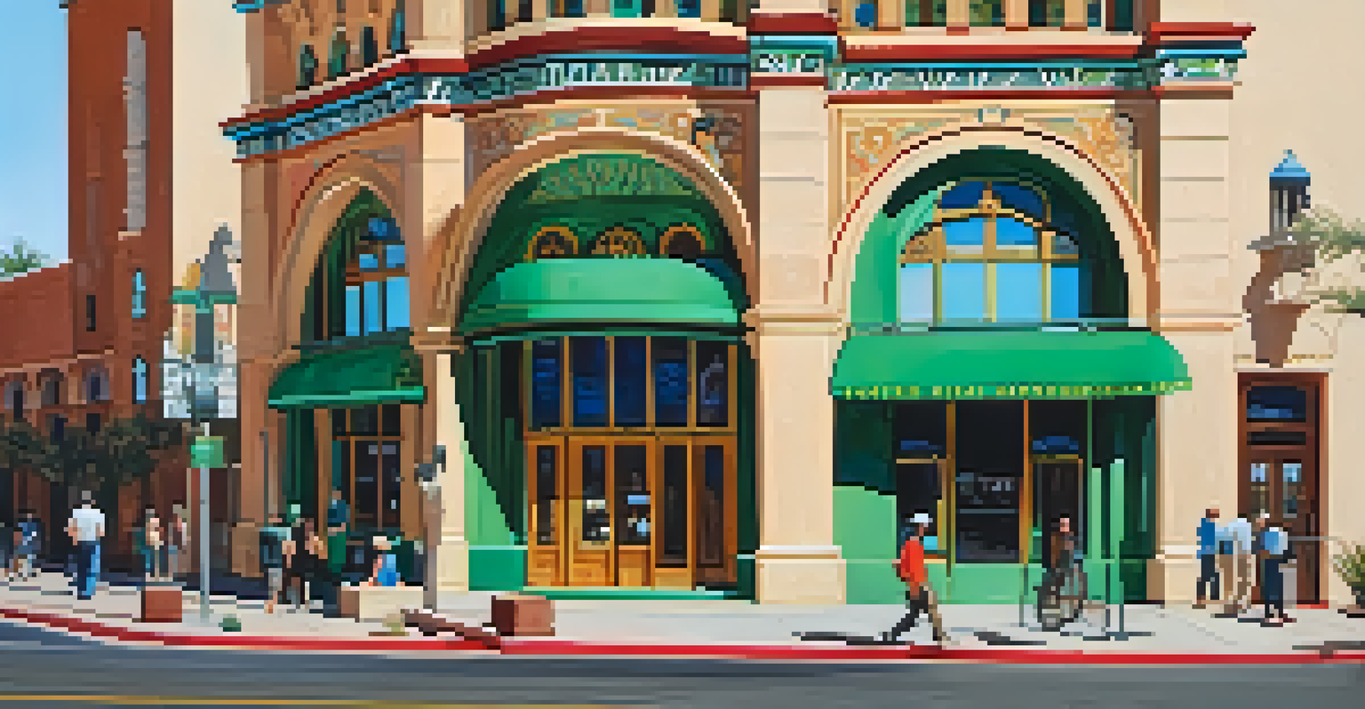 A lively downtown Tucson street scene featuring the Pima County Courthouse and Hotel Congress, with people walking and colorful banners.