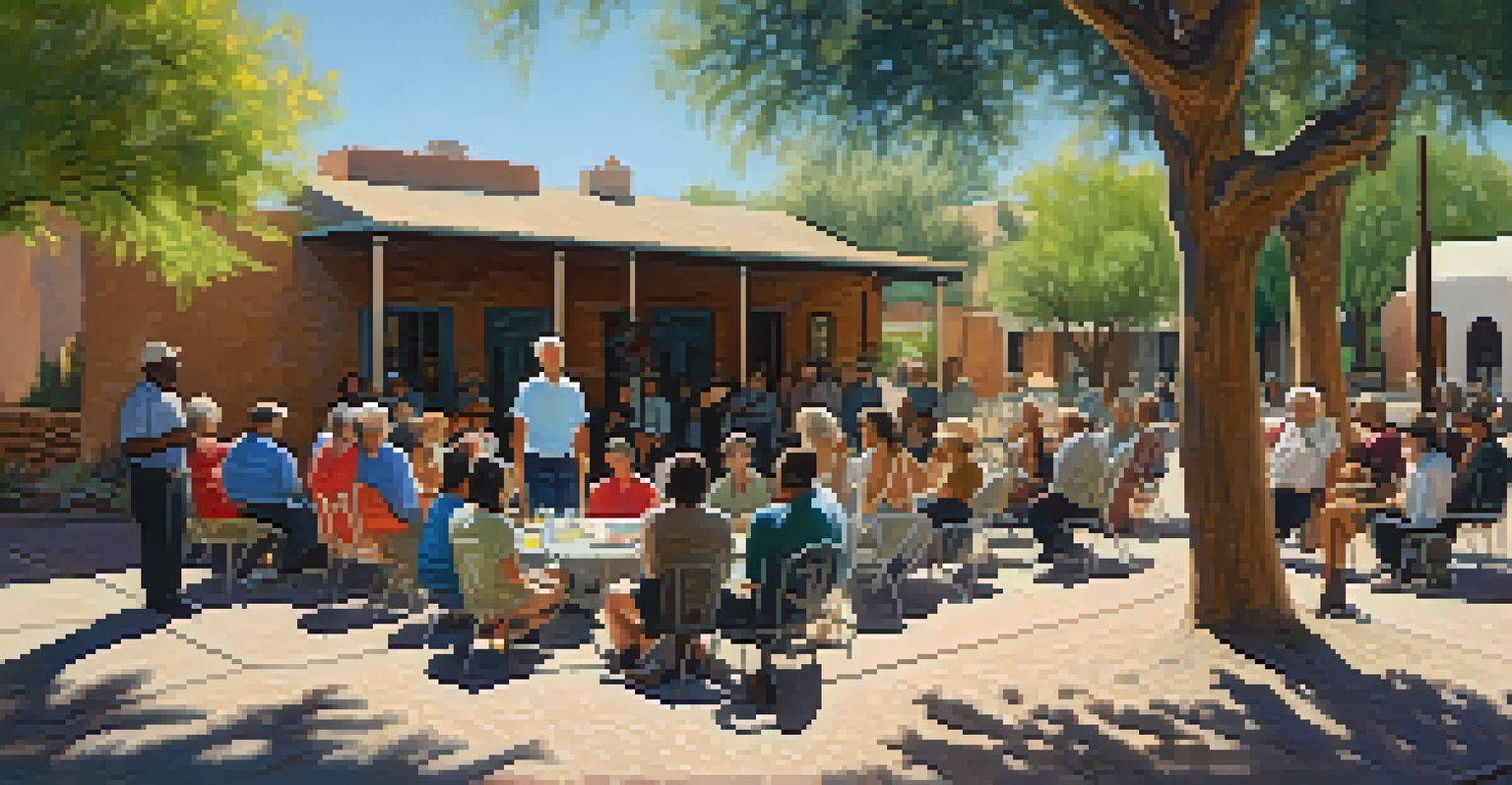 Residents gathered in a circle during a community meeting in a historic Tucson neighborhood, discussing preservation efforts with sunlight filtering through the trees.