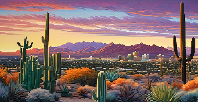 A sunset view of Tucson showing modern buildings beside desert landscapes with vibrant sky colors.