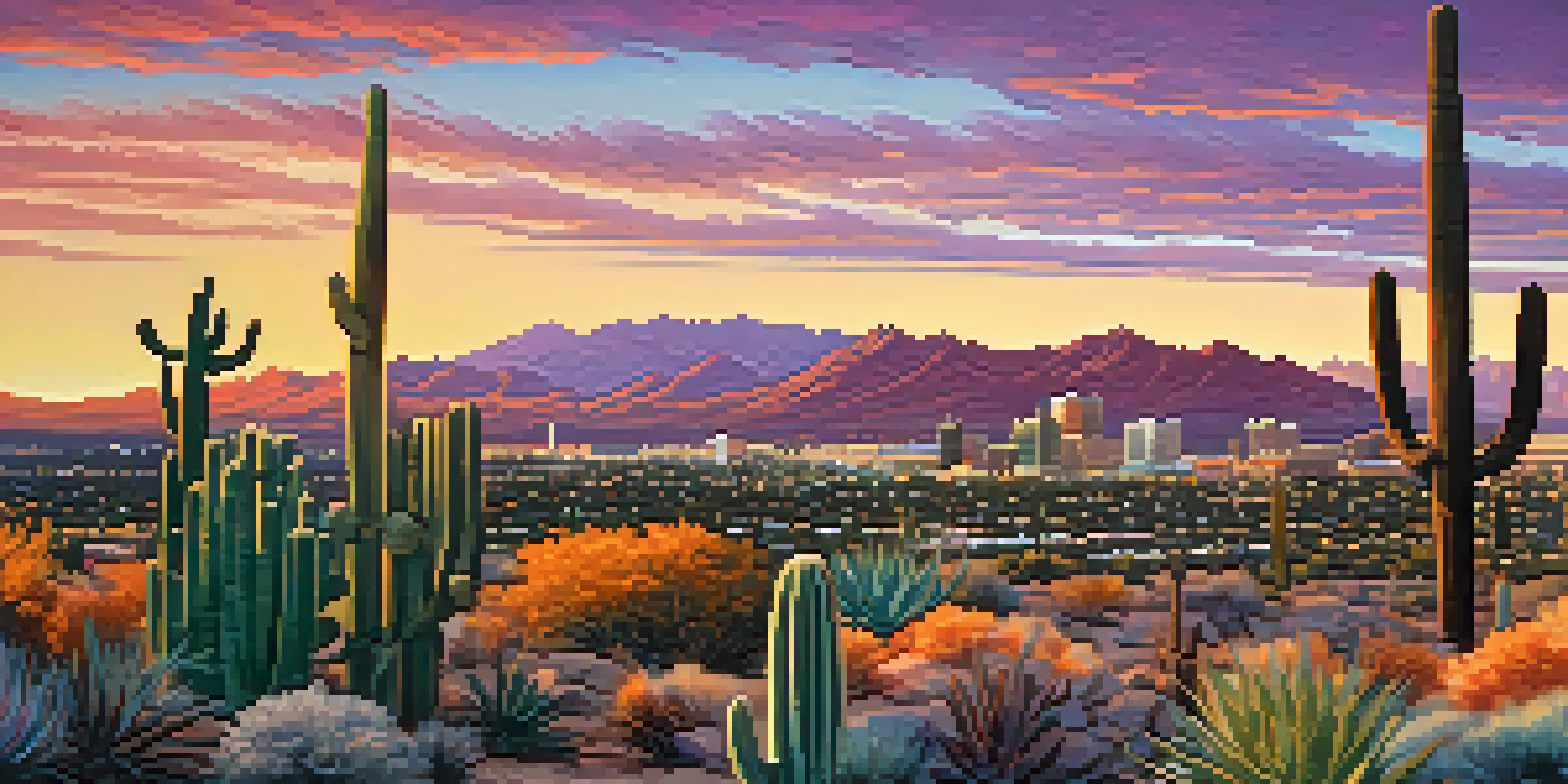 A sunset view of Tucson showing modern buildings beside desert landscapes with vibrant sky colors.
