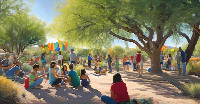 A community event in Rillito River Park, with residents planting native plants and children playing, under sunny skies.