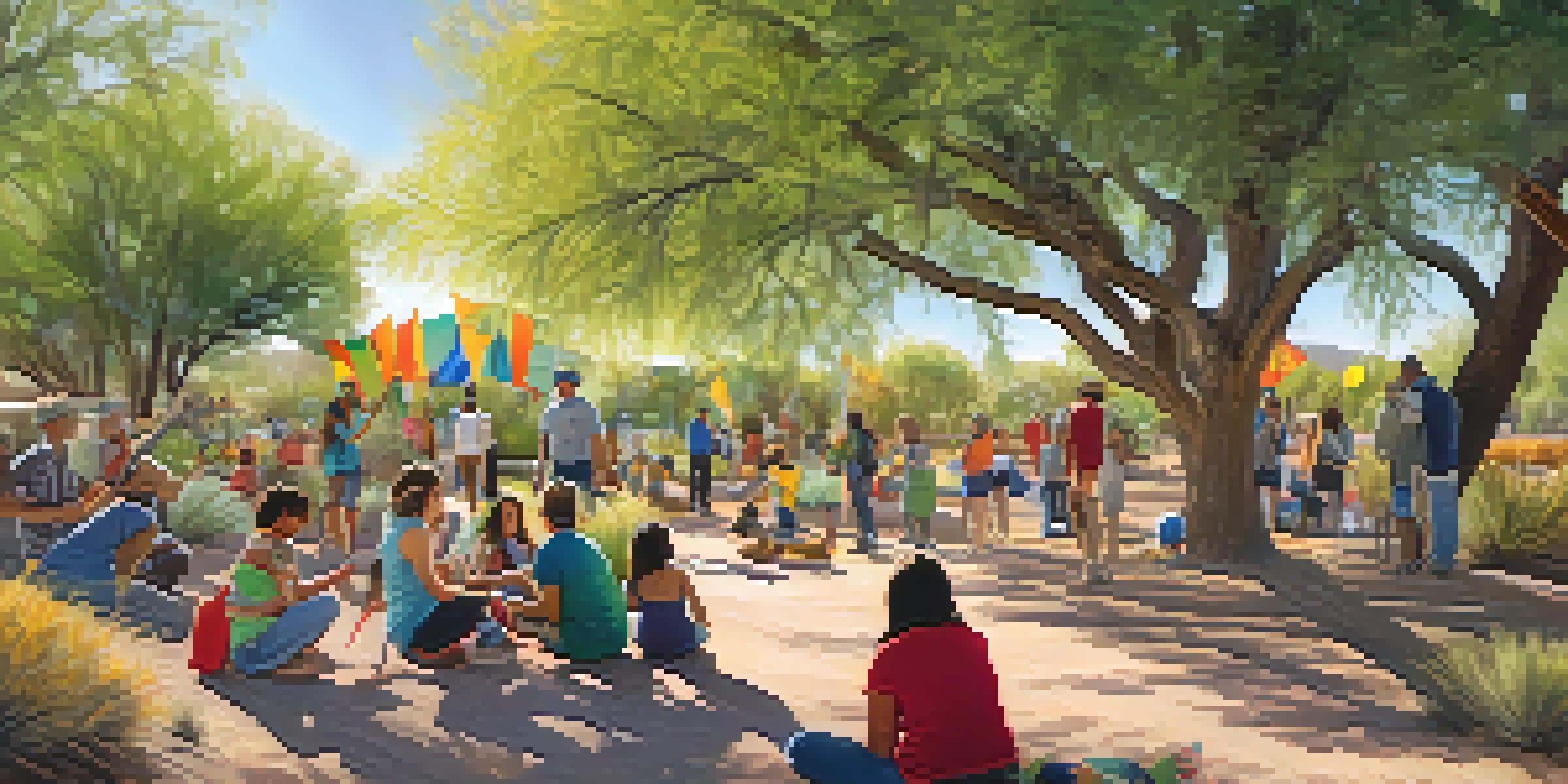 A community event in Rillito River Park, with residents planting native plants and children playing, under sunny skies.