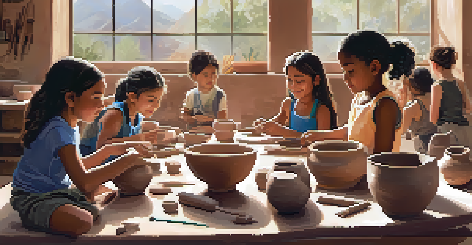 Children engaged in a pottery class at an arts camp, shaping clay and surrounded by art tools.