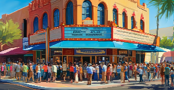 A vibrant film festival scene with diverse filmmakers and attendees outside a historic theater, colorful banners, and a food truck.
