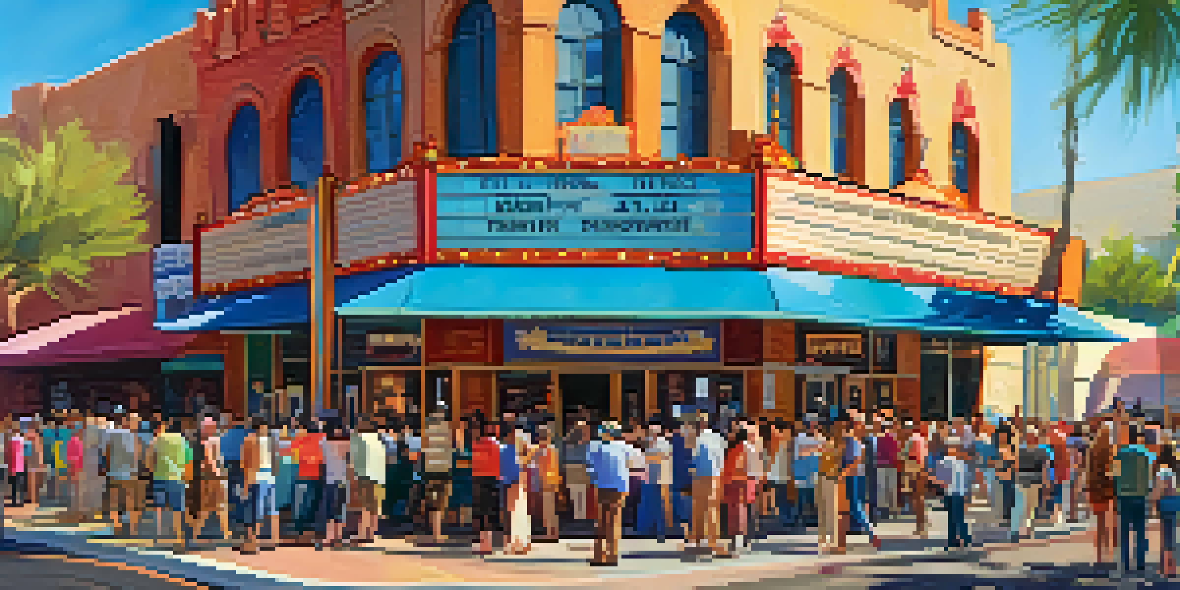 A vibrant film festival scene with diverse filmmakers and attendees outside a historic theater, colorful banners, and a food truck.