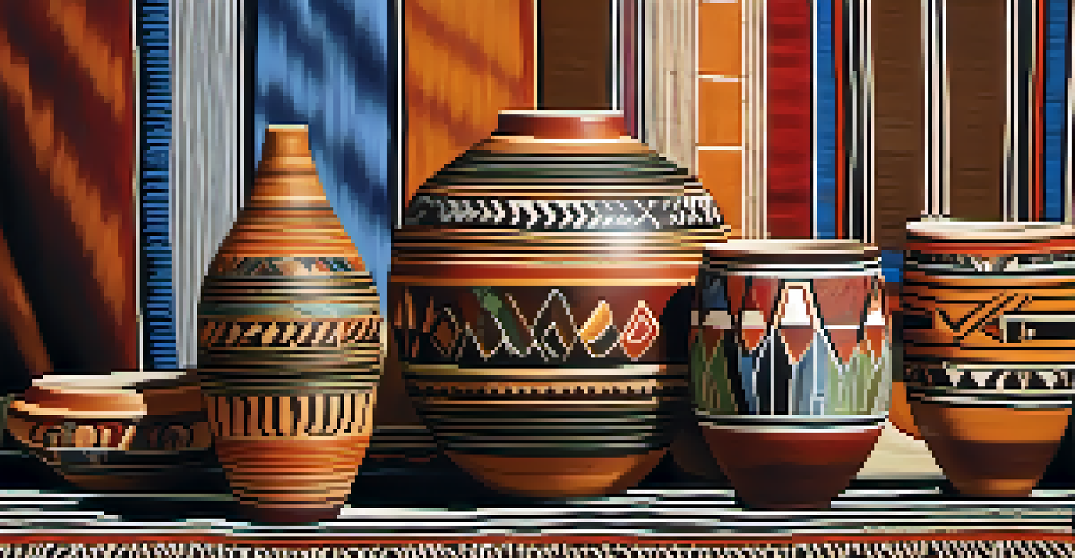 Close-up of traditional Native American pottery and textiles on a woven mat, showcasing intricate patterns and vibrant colors.
