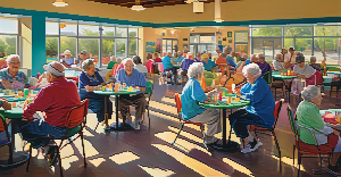 A busy community center with seniors participating in games and activities, filled with sunlight and colorful decorations.