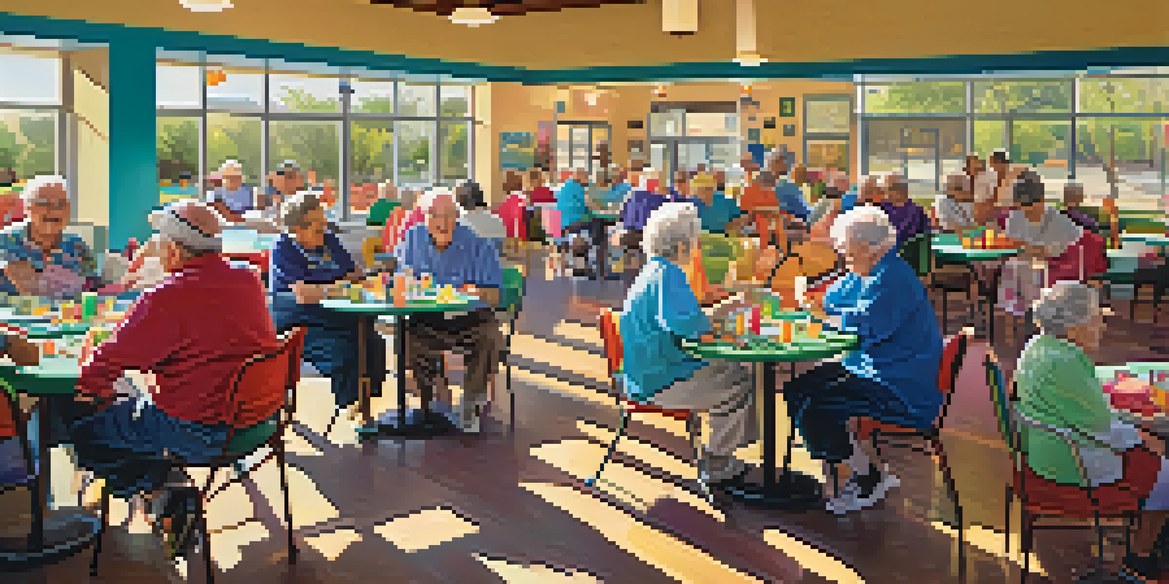 A busy community center with seniors participating in games and activities, filled with sunlight and colorful decorations.