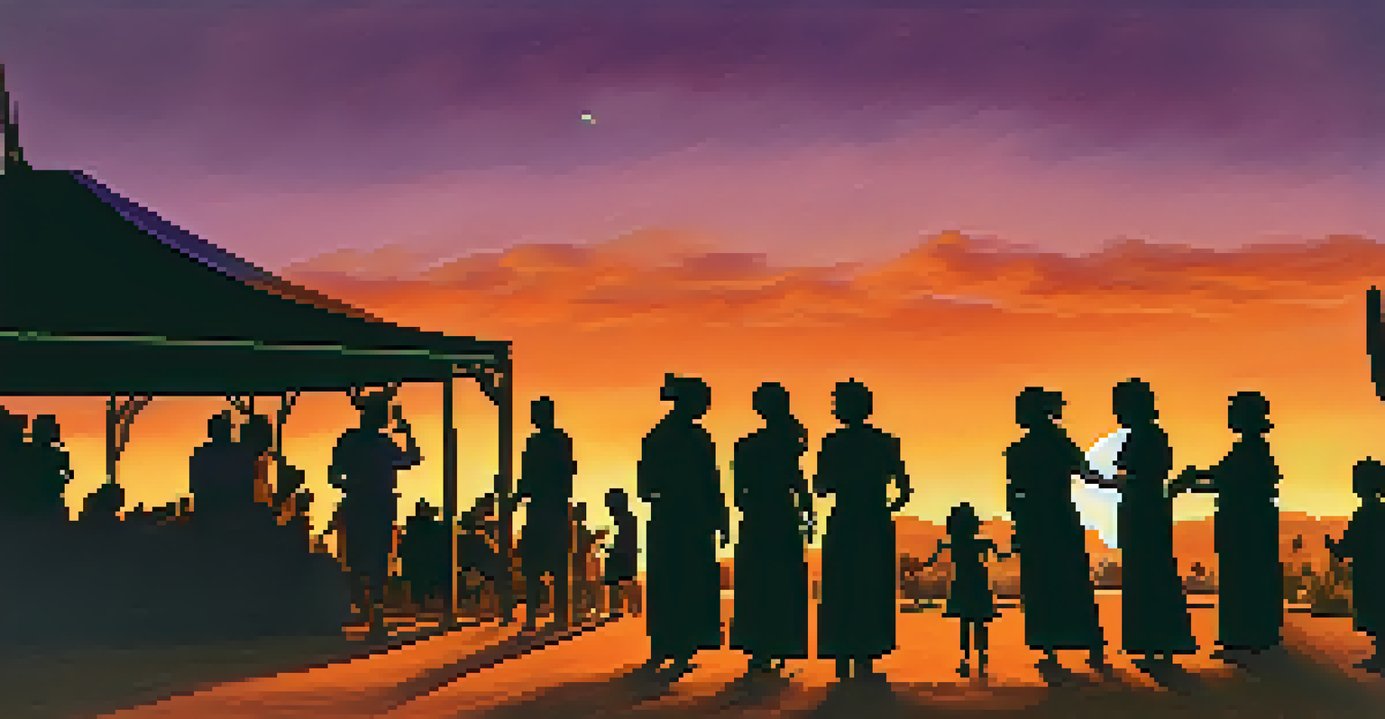 Families gathered around a fire at sunset during an Indigenous festival, with silhouettes dancing against a colorful sky.