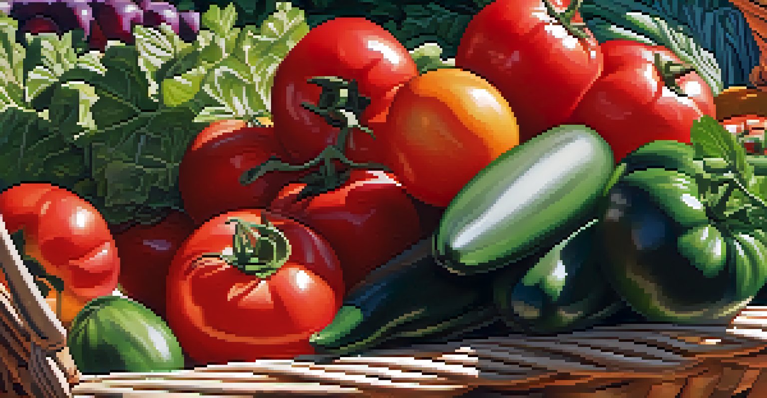 A close-up of an overflowing basket with colorful organic vegetables at a farmers' market, highlighting their freshness.