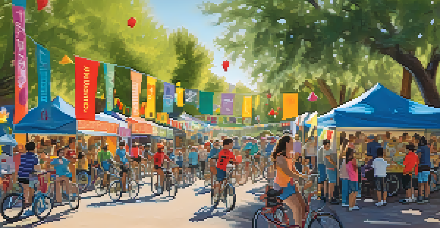 A festive outdoor cycling celebration in Tucson, featuring families, food stalls, and decorations in a lively park setting.