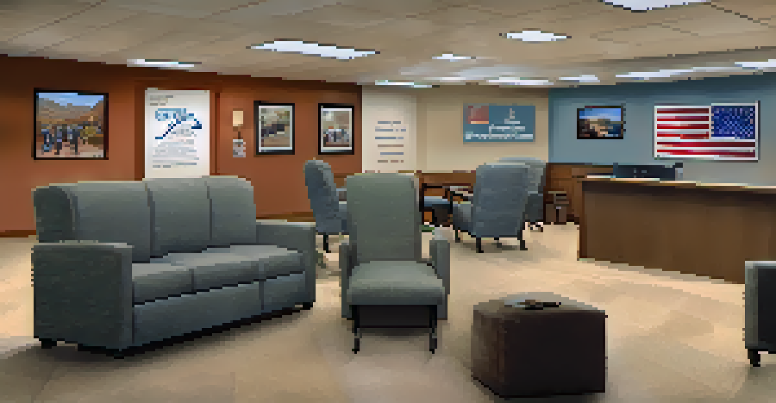 An inviting interior of a veteran support center with veterans talking and staff assisting, decorated with informative posters.