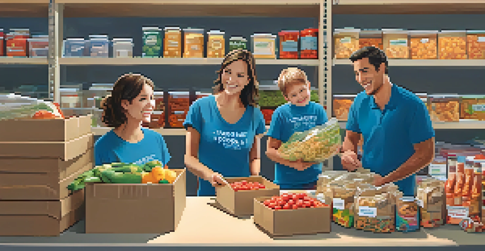 A family of four happily sorting food at a community food bank, with shelves of food in the background.