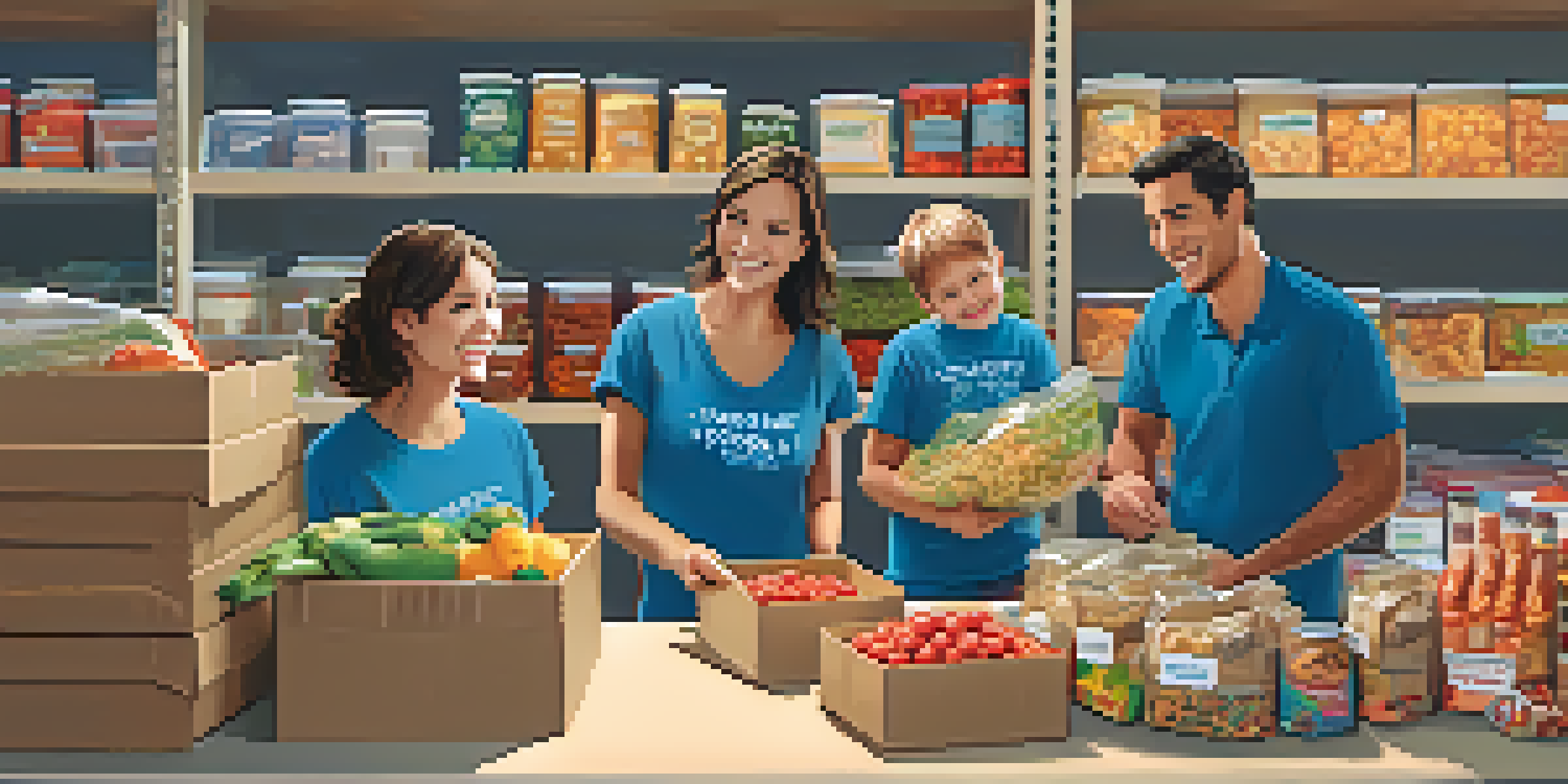 A family of four happily sorting food at a community food bank, with shelves of food in the background.
